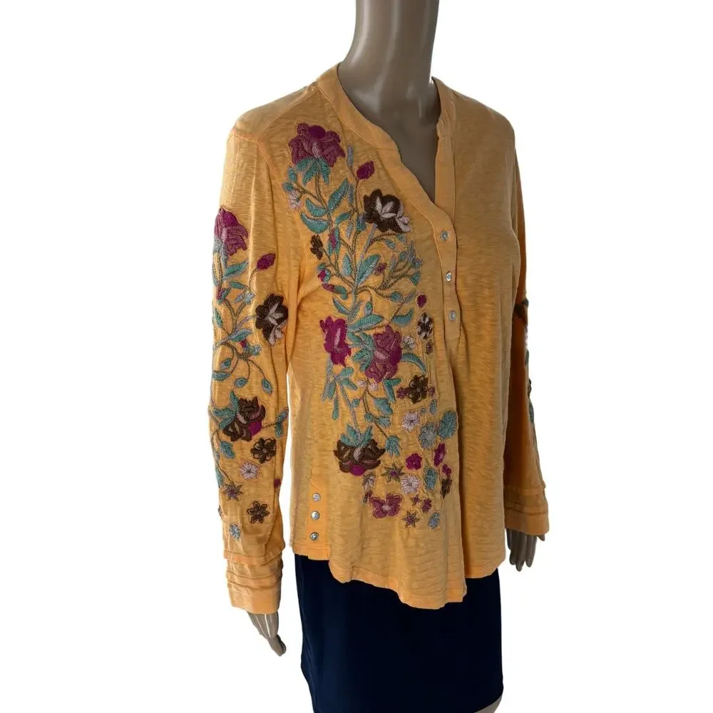 Soft Surroundings Orange Antalya Striped Floral Embroidered Henley Top